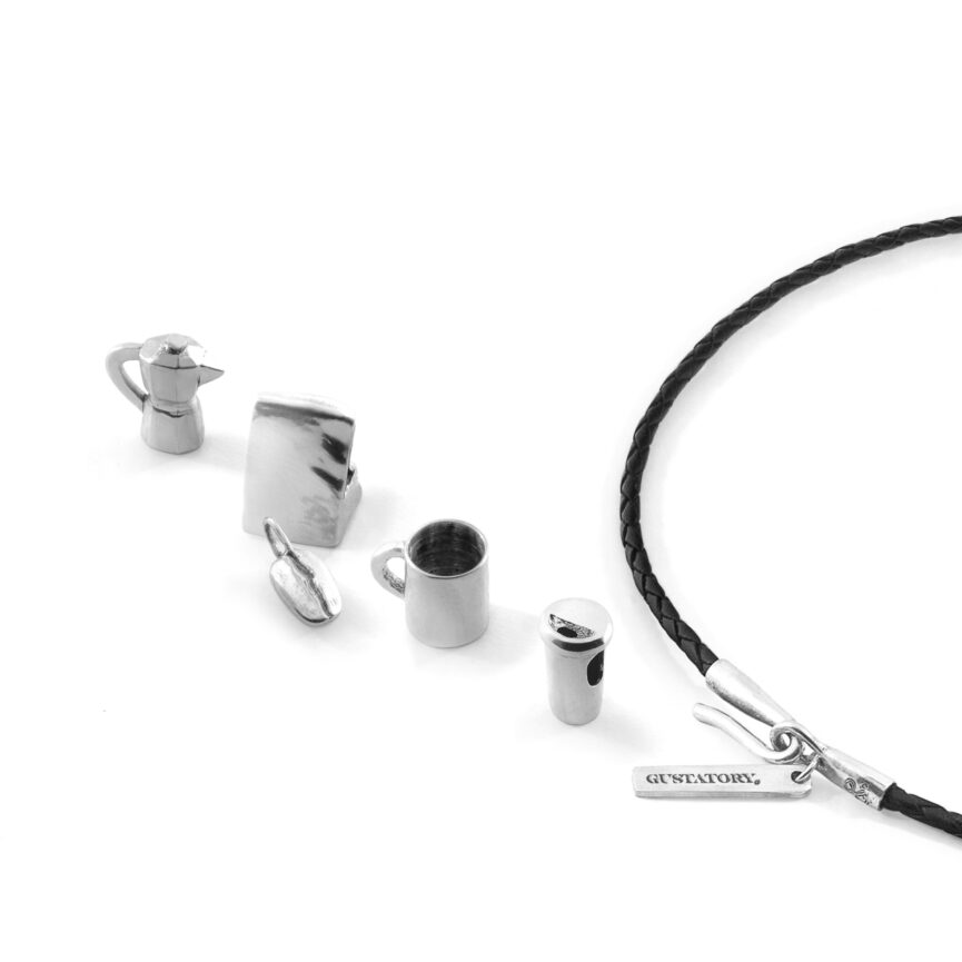Midnight Black GUSTATORY Coffee Takeout Cup Silver and Braided Leather Bracelet