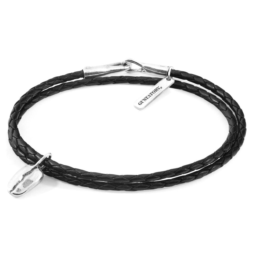 Midnight Black GUSTATORY Coffee Bean Silver and Braided Leather Bracelet