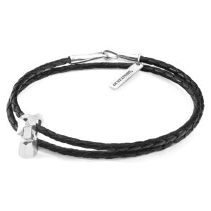 Midnight Black GUSTATORY Coffee Moka Pot Silver and Braided Leather Bracelet