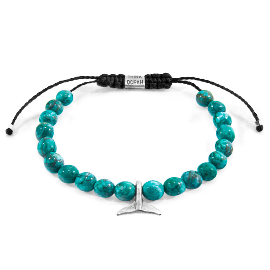Blue Turquoise Think Ocean Mini Whale Silver and Stone Macrame Bracelet