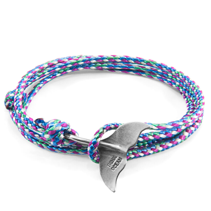 Multicoloured Think Ocean Big Whale Silver and Rope Bracelet