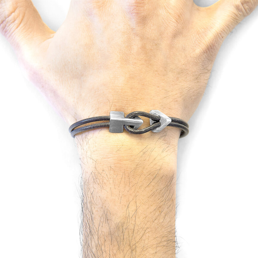 Shadow Grey Brixham Silver and Round Leather Bracelet