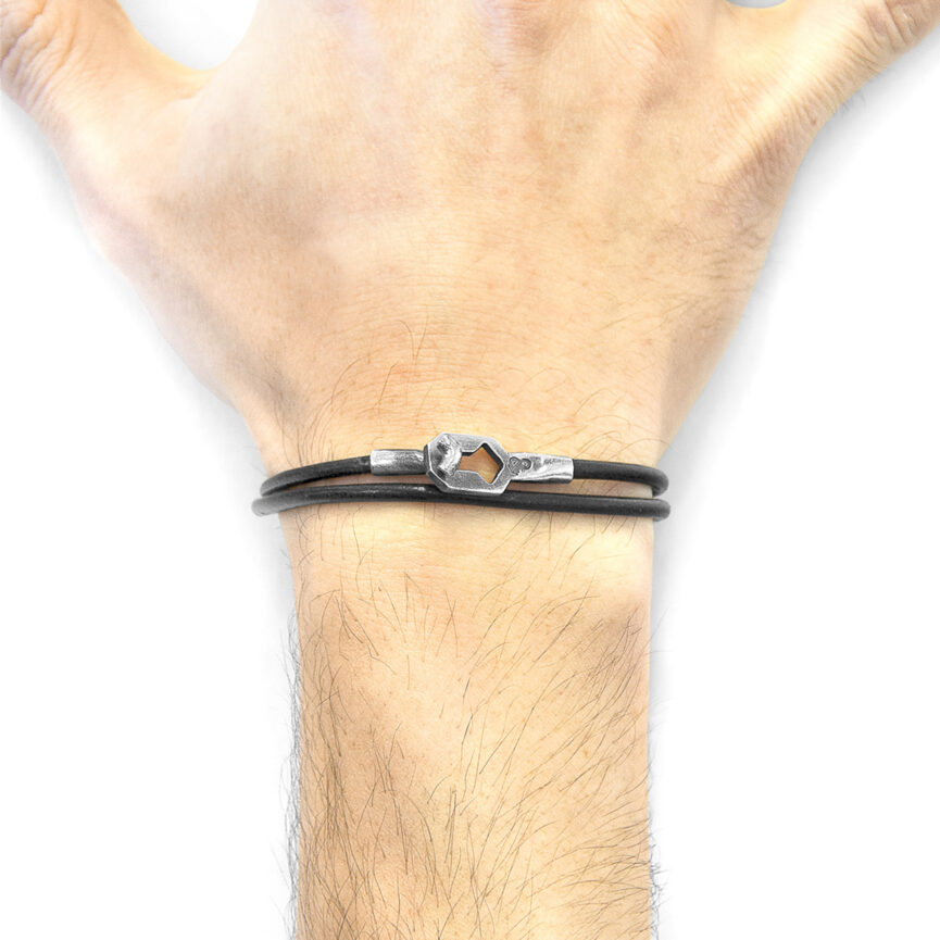 Raven Black Tenby Silver and Round Leather Bracelet