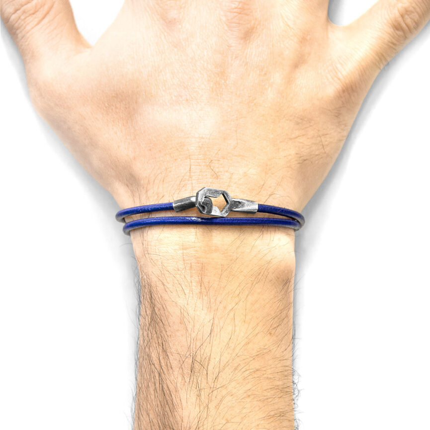 Azure Blue Tenby Silver and Round Leather Bracelet