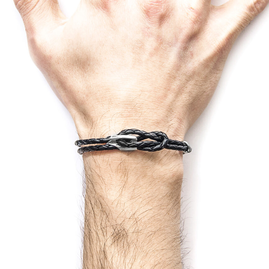 Coal Black Padstow Silver and Braided Leather Bracelet