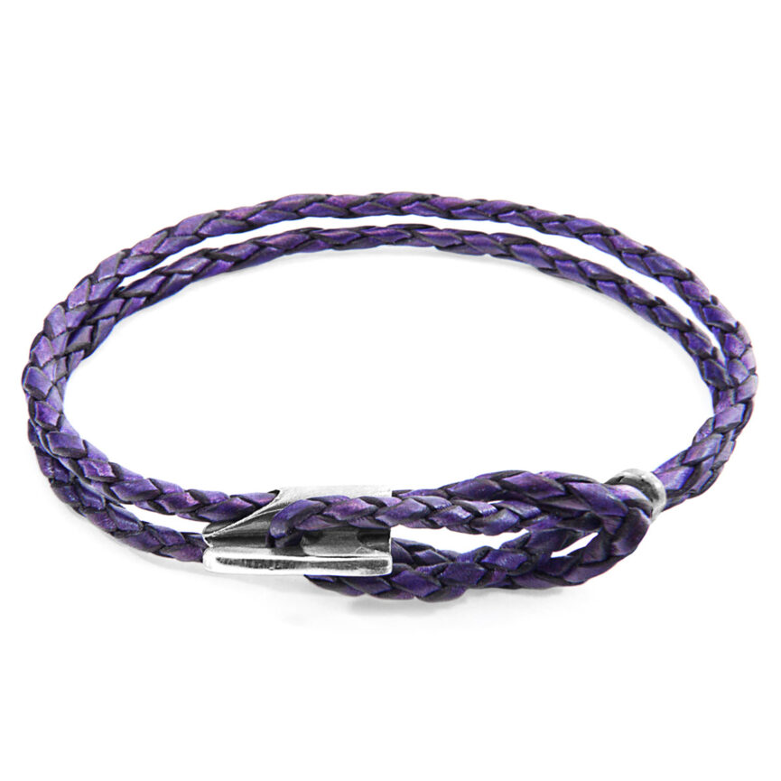 Grape Purple Padstow Silver and Braided Leather Bracelet
