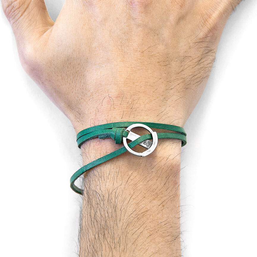 Fern Green Ketch Anchor Silver and Flat Leather Bracelet