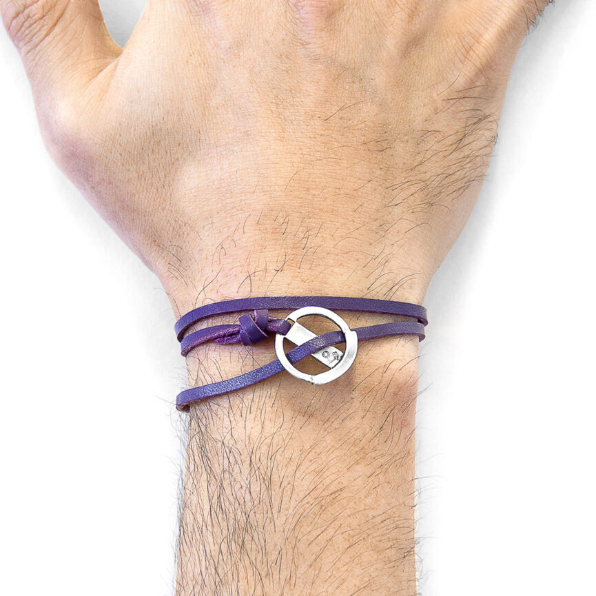 Grape Purple Ketch Anchor Silver and Flat Leather Bracelet
