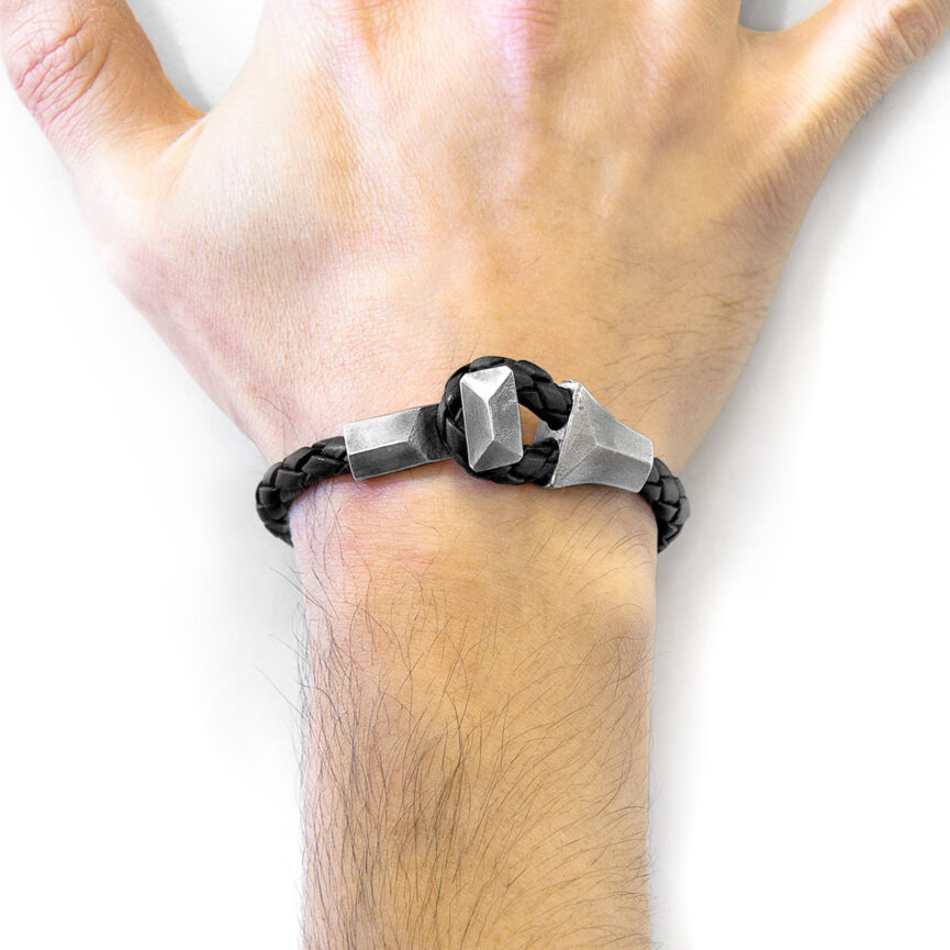 Midnight Black Alderney Silver and Braided Leather Bracelet