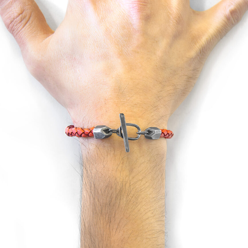 Amber Red Jura Silver and Braided Leather Bracelet