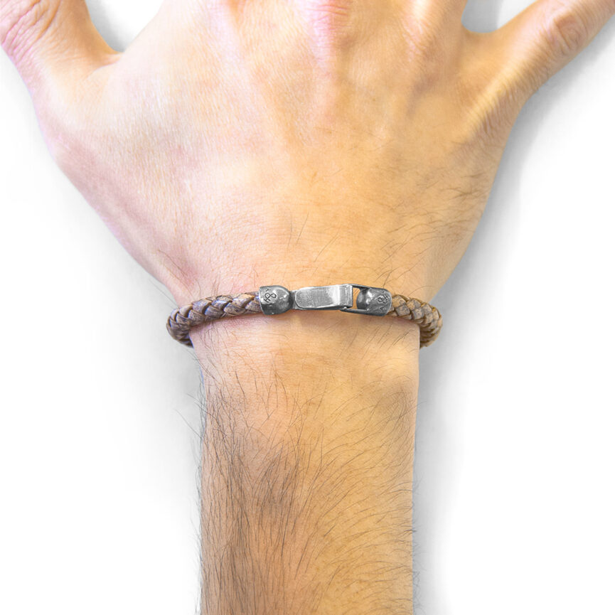 Taupe Grey Skye Silver and Braided Leather Bracelet