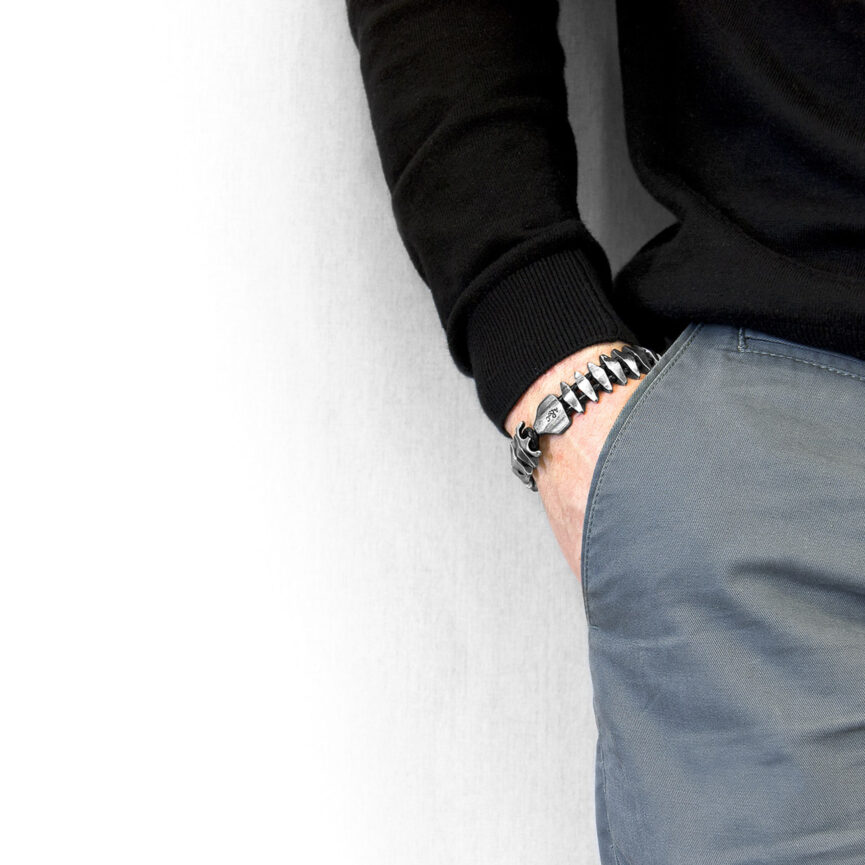 Coal Black Delta Anchor Maxi Silver and Braided Leather Bracelet