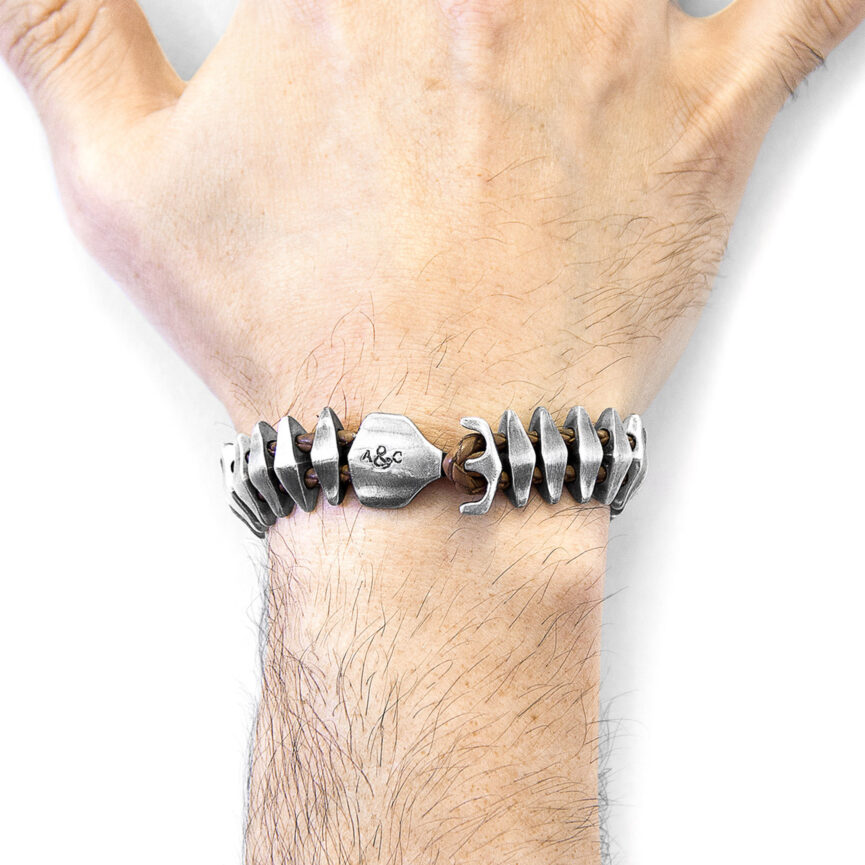 Light Brown Delta Anchor Maxi Silver and Braided Leather Bracelet