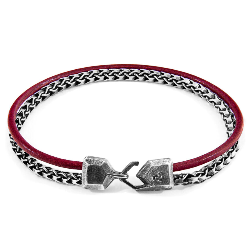Bordeaux Red Bowspirit Mast Silver and Round Leather Bracelet