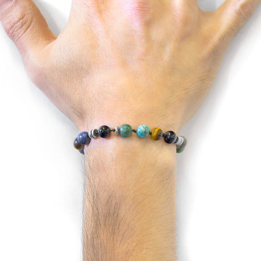 Multicoloured Multi-Gem Agaya Silver and Stone Beaded Macrame Bracelet