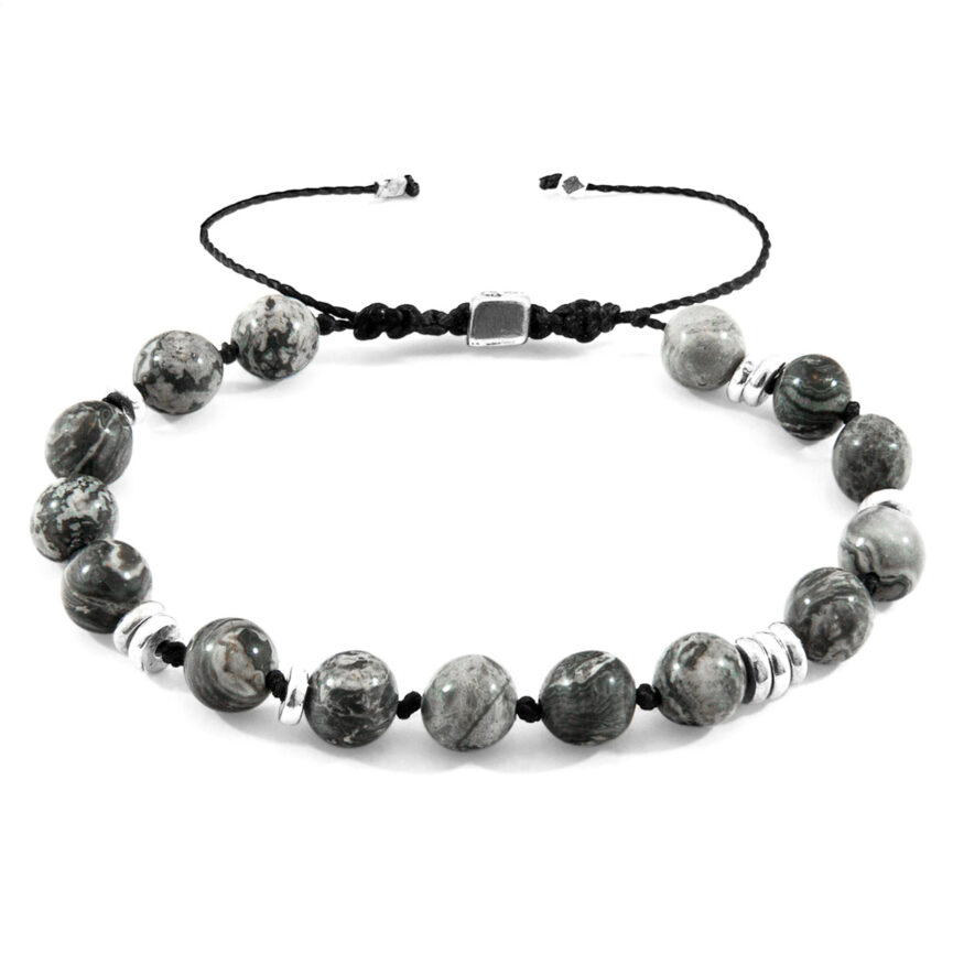 Grey Jasper Agaya Silver and Stone Beaded Macrame Bracelet