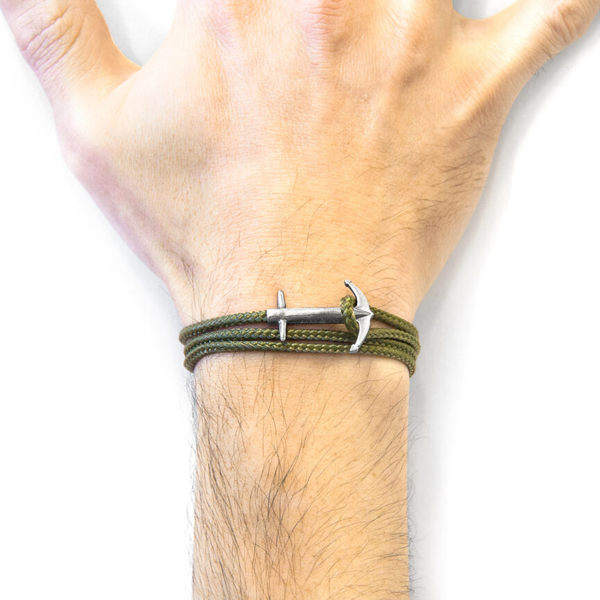 Khaki Green Admiral Anchor Silver and Rope Bracelet