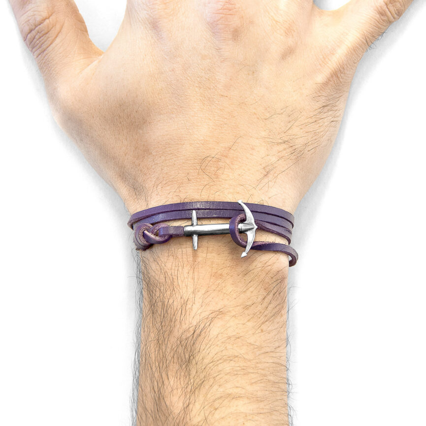 Grape Purple Admiral Anchor Silver and Flat Leather Bracelet