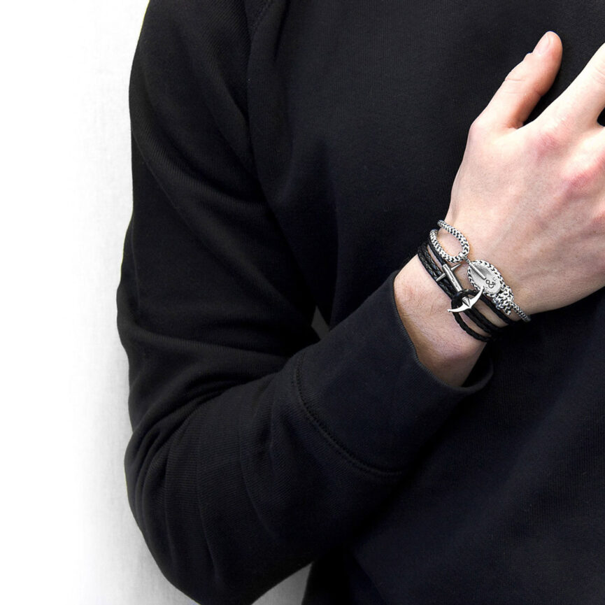 Coal Black Admiral Anchor Silver and Braided Leather Bracelet