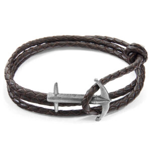 Dark Brown Admiral Anchor Silver and Braided Leather Bracelet