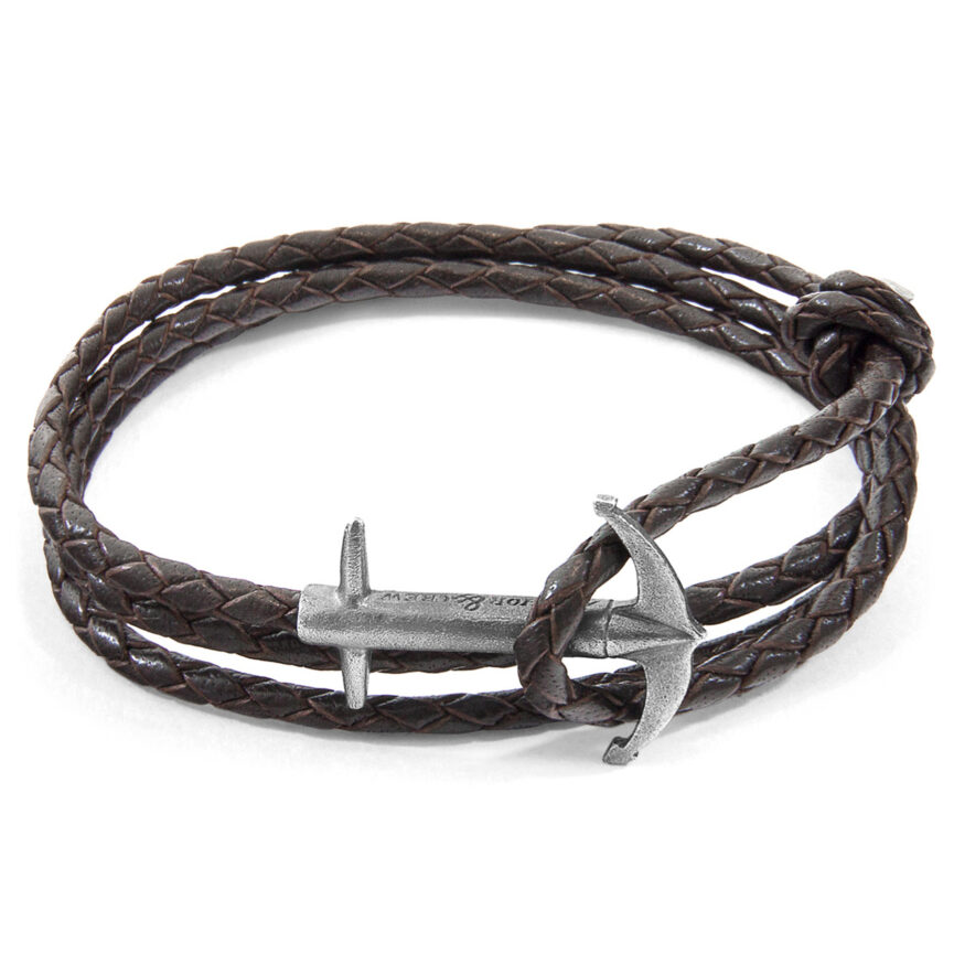 Dark Brown Admiral Anchor Silver and Braided Leather Bracelet