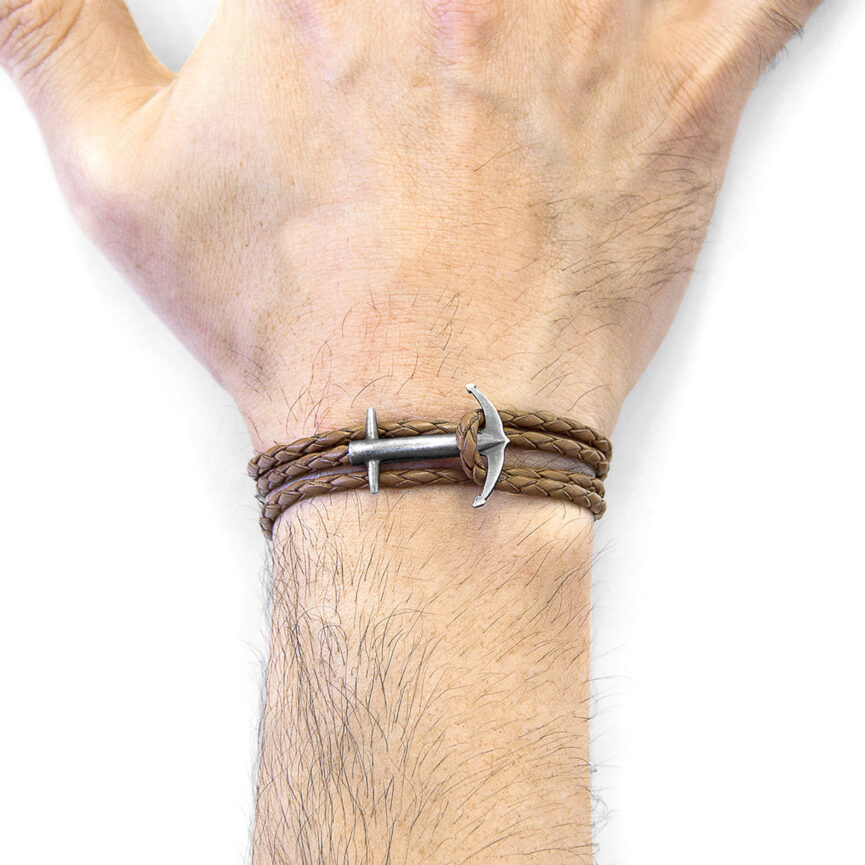 Light Brown Admiral Anchor Silver and Braided Leather Bracelet