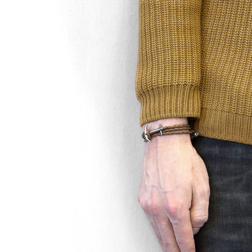 Light Brown Admiral Anchor Silver and Braided Leather Bracelet