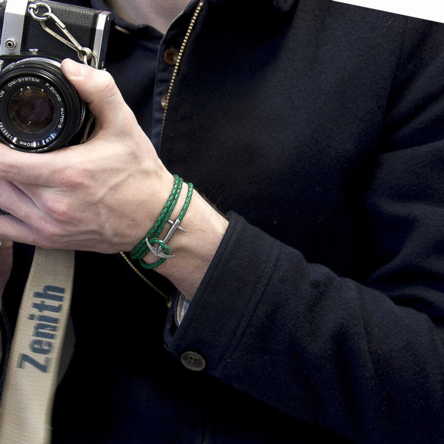 Fern Green Admiral Anchor Silver and Braided Leather Bracelet