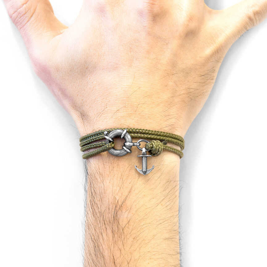 Khaki Green Clyde Anchor Silver and Rope Bracelet