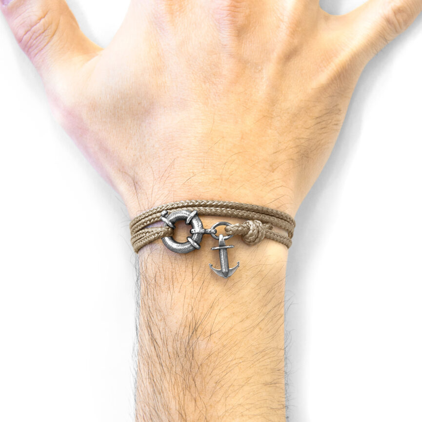 Sand Brown Clyde Anchor Silver and Rope Bracelet