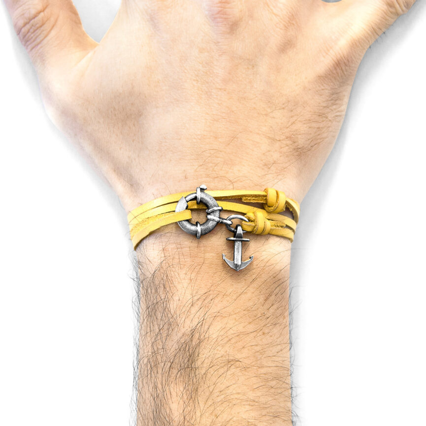 Mustard Yellow Clyde Anchor Silver and Flat Leather Bracelet