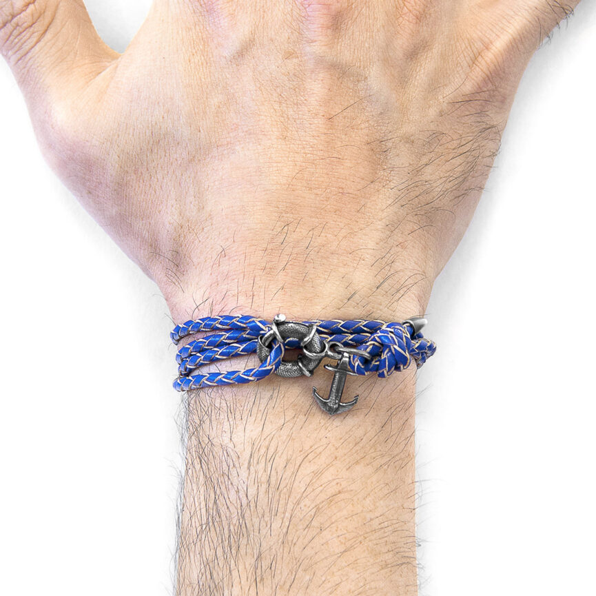 Royal Blue Clyde Anchor Silver and Braided Leather Bracelet