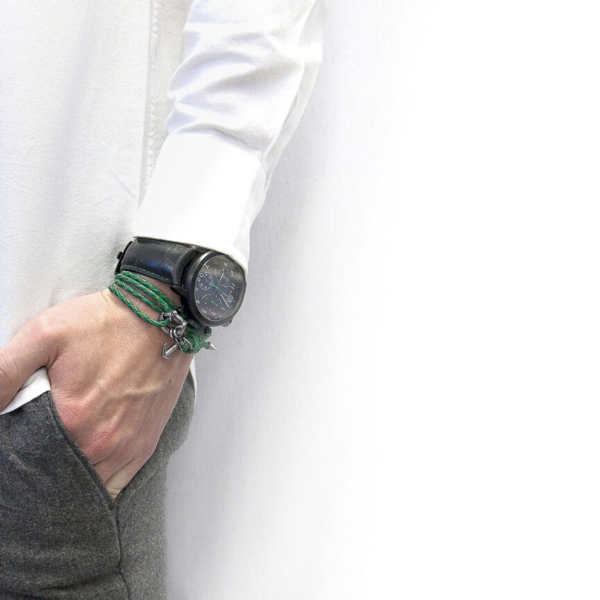 Fern Green Clyde Anchor Silver and Braided Leather Bracelet