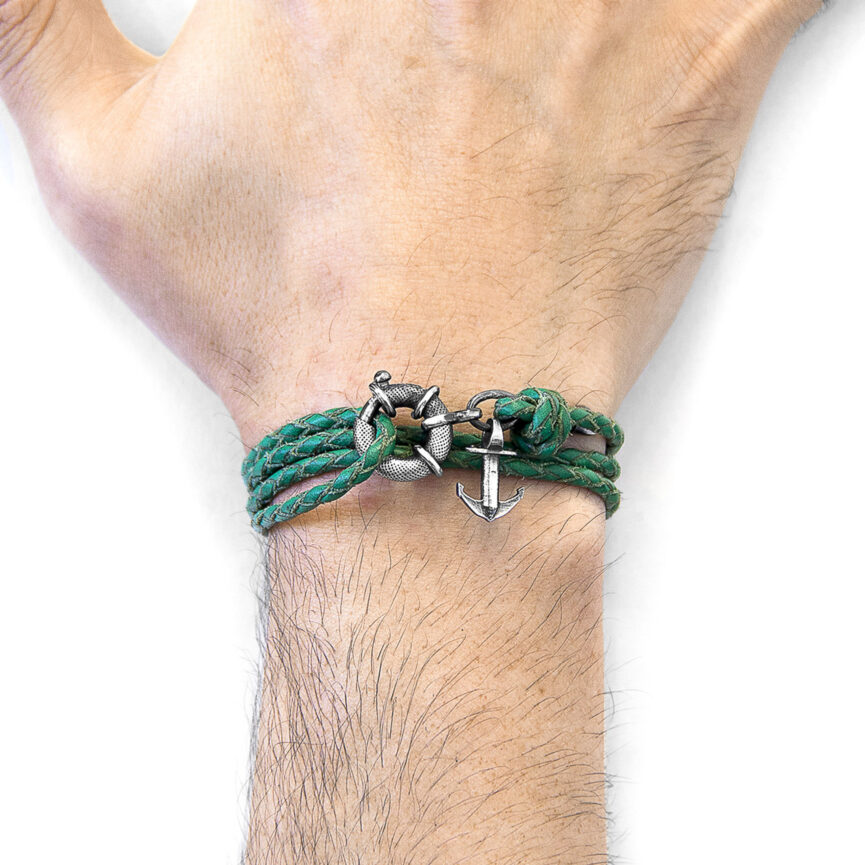 Fern Green Clyde Anchor Silver and Braided Leather Bracelet