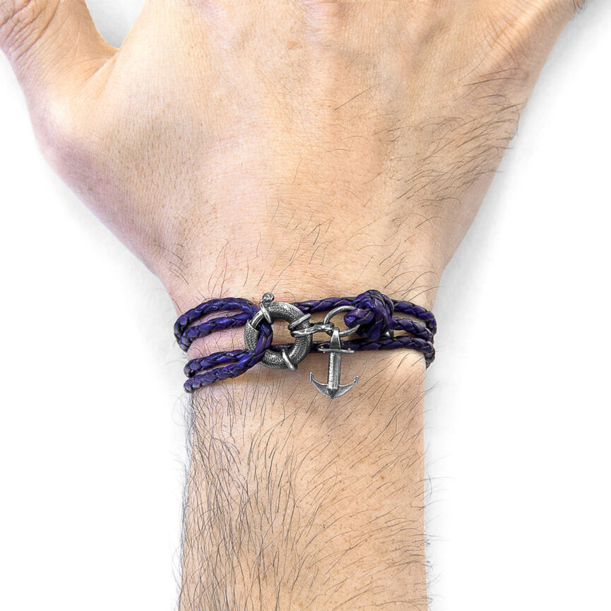 Grape Purple Clyde Anchor Silver and Braided Leather Bracelet