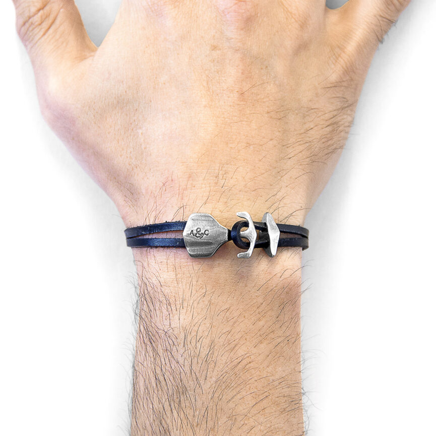 Coal Black Delta Anchor Silver and Flat Leather Bracelet