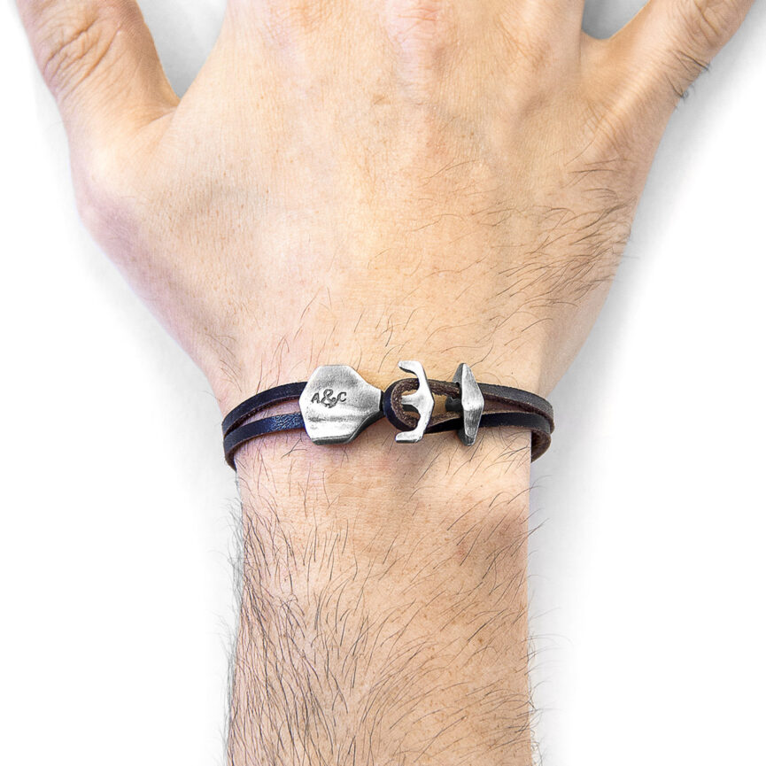 Dark Brown Delta Anchor Silver and Flat Leather Bracelet
