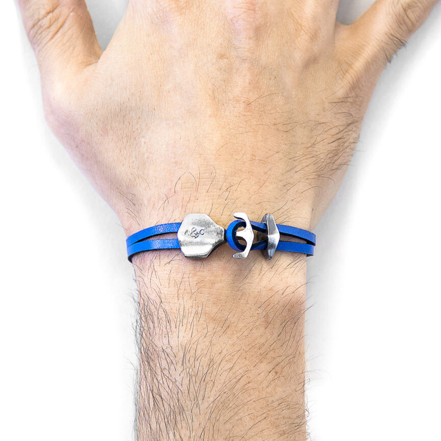 Royal Blue Delta Anchor Silver and Flat Leather Bracelet