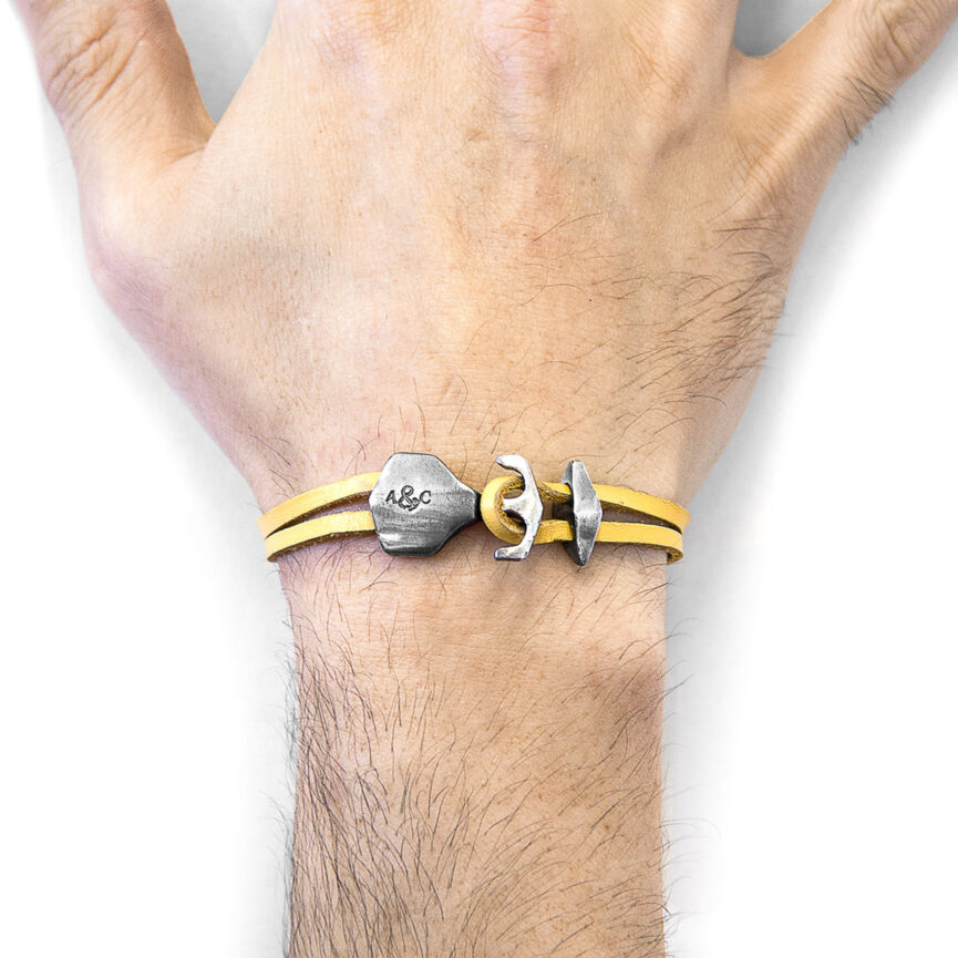 Mustard Yellow Delta Anchor Silver and Flat Leather Bracelet