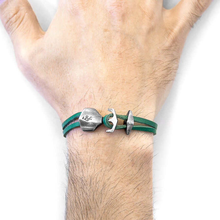 Fern Green Delta Anchor Silver and Flat Leather Bracelet