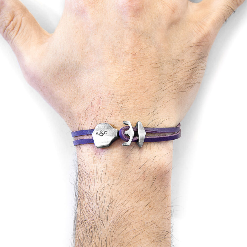 Grape Purple Delta Anchor Silver and Flat Leather Bracelet