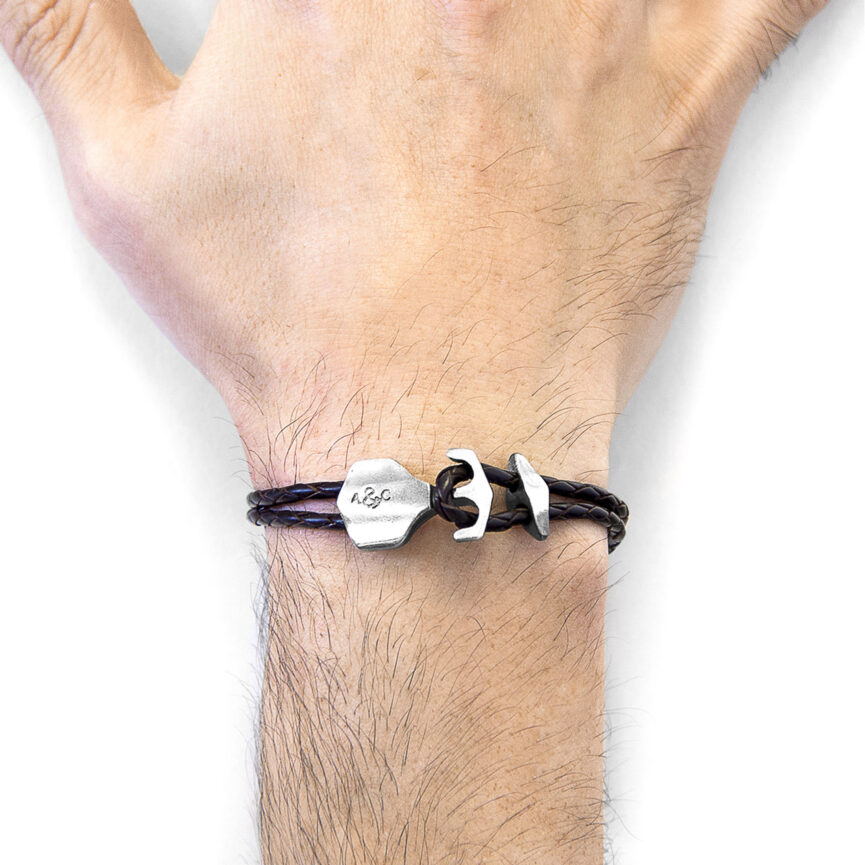 Dark Brown Delta Anchor Silver and Braided Leather Bracelet