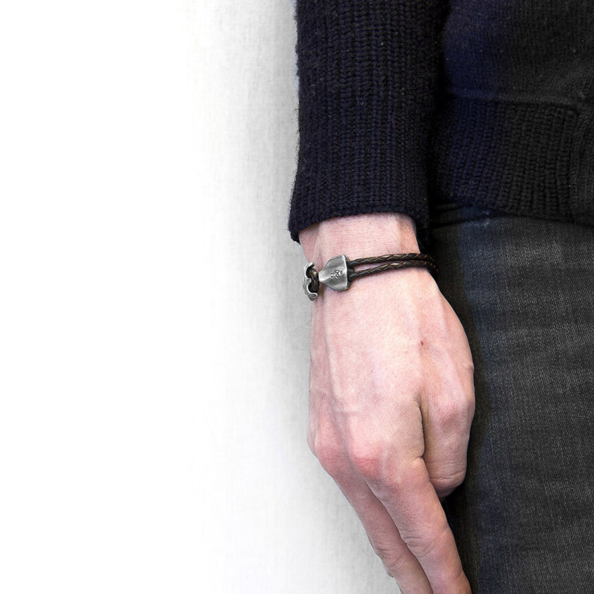 Dark Brown Delta Anchor Silver and Braided Leather Bracelet