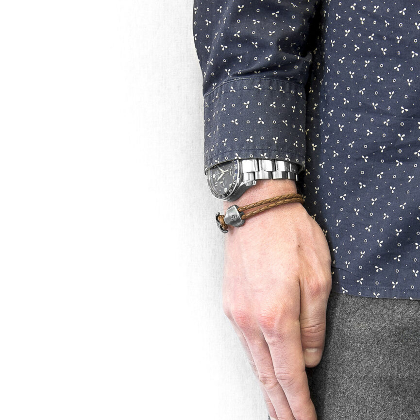 Light Brown Delta Anchor Silver and Braided Leather Bracelet