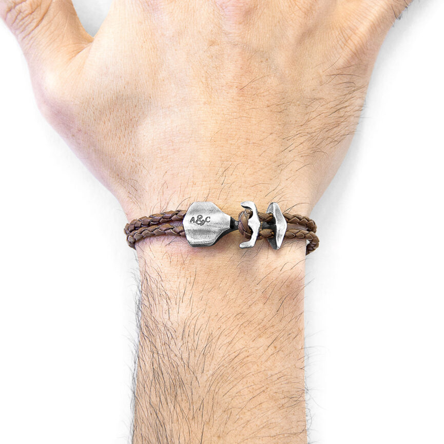 Light Brown Delta Anchor Silver and Braided Leather Bracelet