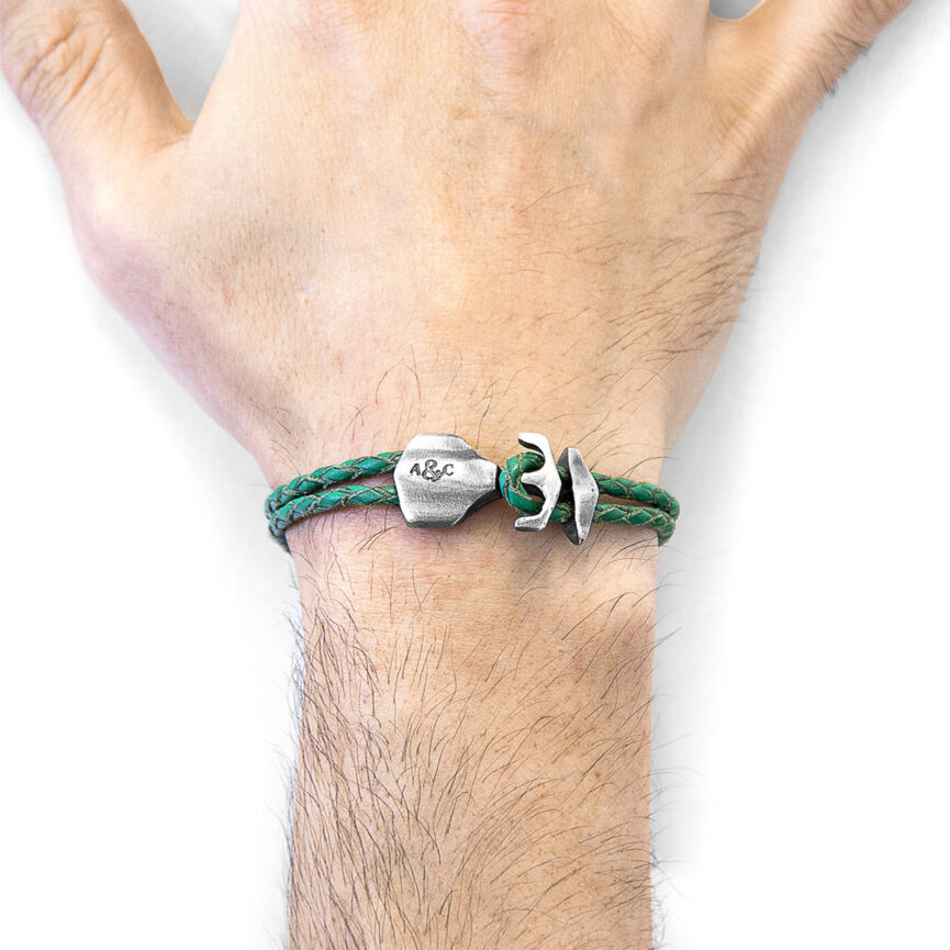 Fern Green Delta Anchor Silver and Braided Leather Bracelet