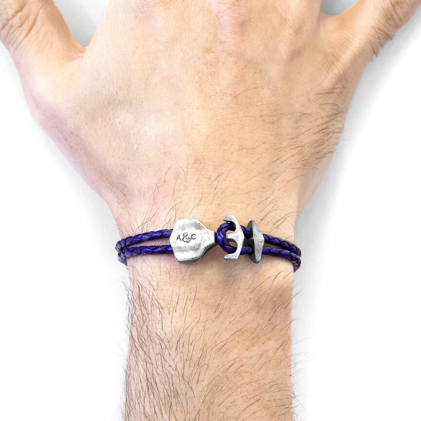 Grape Purple Delta Anchor Silver and Braided Leather Bracelet