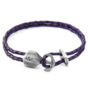 Grape Purple Delta Anchor Silver and Braided Leather Bracelet