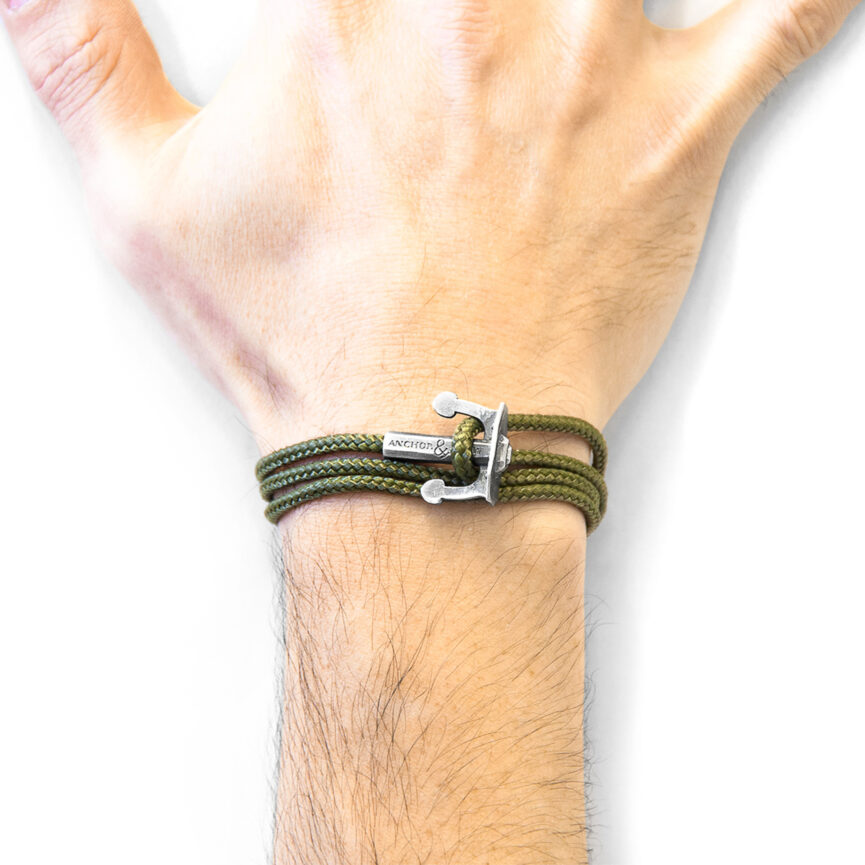 Khaki Green Union Anchor Silver and Rope Bracelet