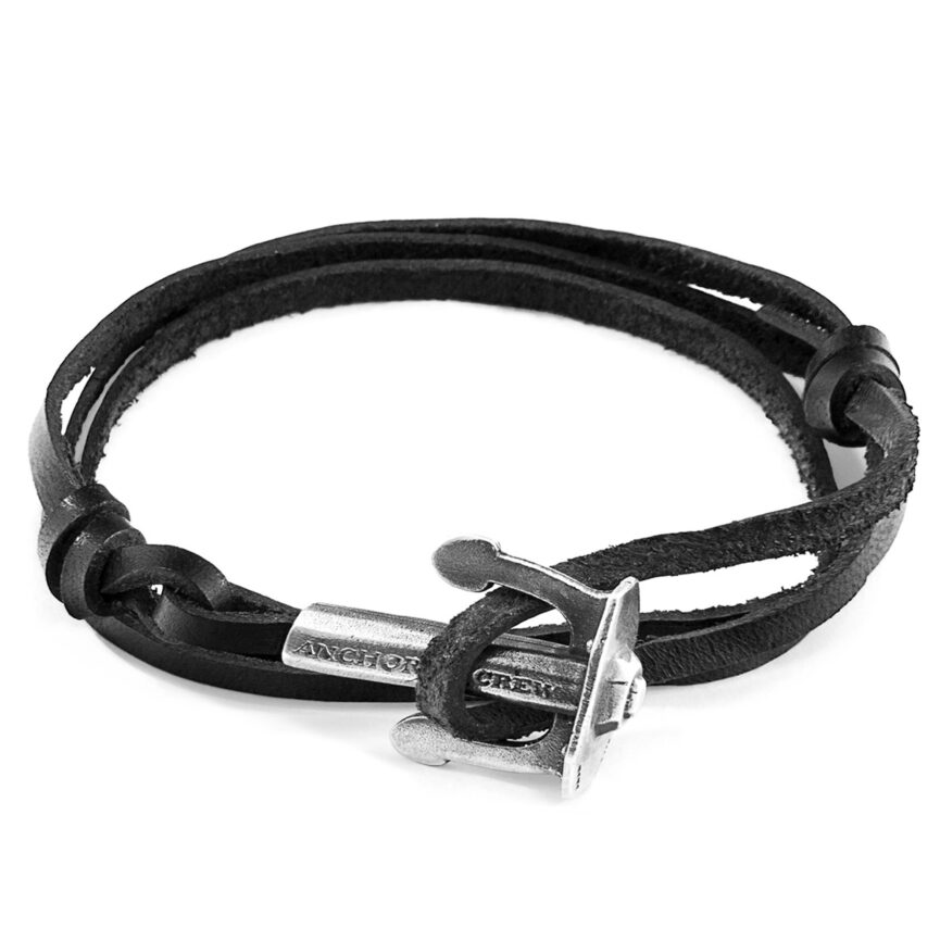 Coal Black Union Anchor Silver and Flat Leather Bracelet